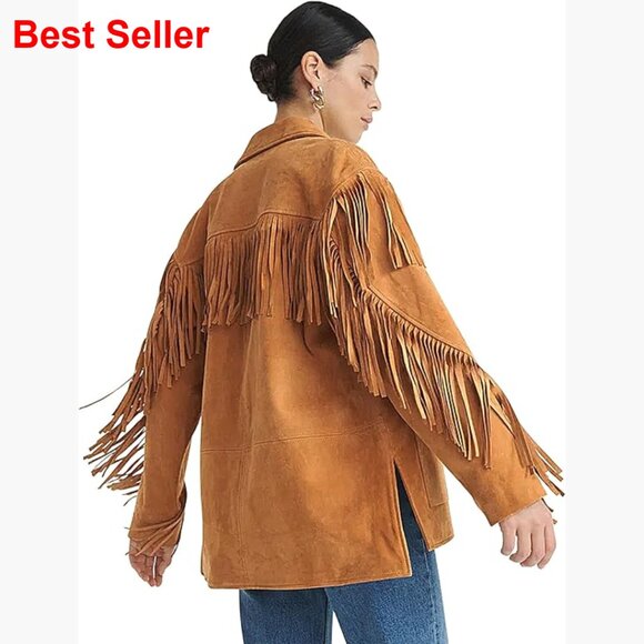 Jackets & Blazers - Faux Suede Fringe Jacket Oversized Western Style Long Sleeve